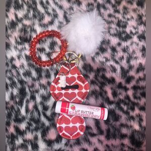 Red Heart Chapstick Holder Keychain Set